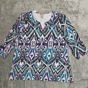 Chico's Sz 2 Lg Cotton Purple Green Top 3/4 sleeve cotton spandex pullover